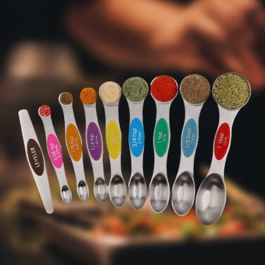 FBHappiness 9-Piece Measuring Spoon Set, Magnetic Double-Sided Teaspoon and Tablespoon Stainless Steel, Stackable, Suitable for Various Spice Jars and Measuring Cups.