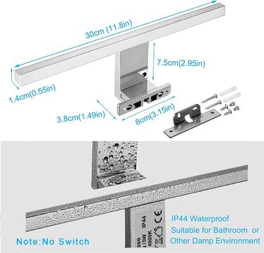 Azhien LED Mirror Light Bathroom 10W 820LM Neutral White 4000K, Slim 14mm Width 3in1 Mounting IP44 230V Wall Light Mirror Lamp 600mm, Flicker-Free Bathroom Vanity Mirror Lights (30cm)