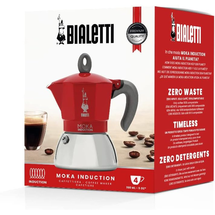 Bialetti - Moka Induction, Moka Pot, Suitable for All Cooktops, 4 Cups Espresso (150ml), Red 4 Cups New Moka Induction Red