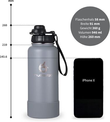Термофляга Hydro2Go Edelstahl 950 мл з соломинкою - Ізольована, BPA-free, не протікає, 24 год холод/12 год гаряче, для спорту та активного відпочинку (срібляста)