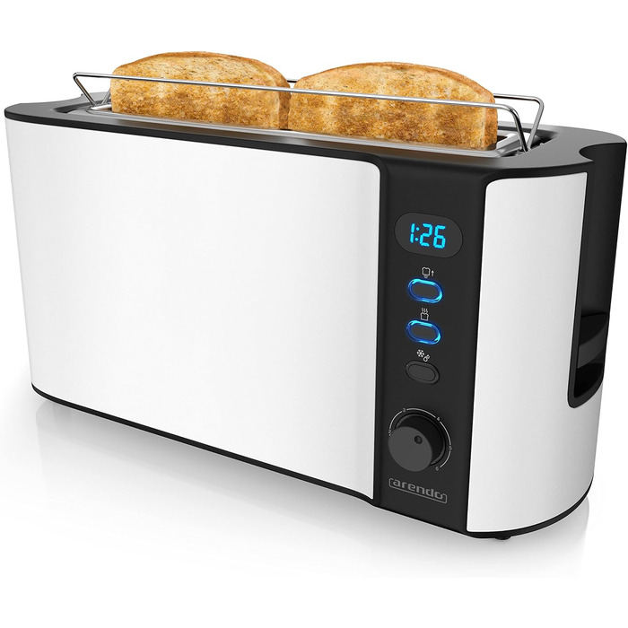 Тостер Arendo з 2 слотами, білий матовий, 1000W, з підігрівом для булок, 6 рівнів підсмажування, дисплей, функція розморожування, нержавіюча сталь