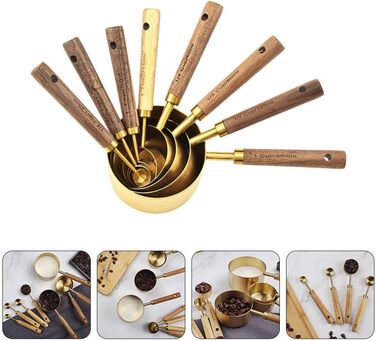 STOBAZA Measuring Cup and Spoon Set of 8 Stainless Steel Pieces, Stackable Measuring Cups and Kitchen Baking Utensils with Wooden Handle for Wine Ingredients, Milk Powder