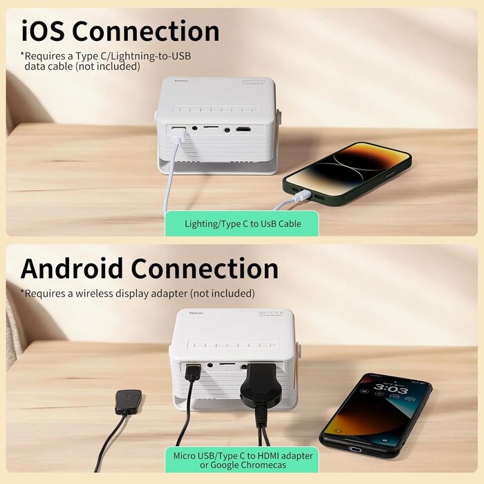 Міні проектор YOTON Y3 1080P: портативний, для домашнього кінотеатру, HDMI/USB/Phone/PS5, жовтий