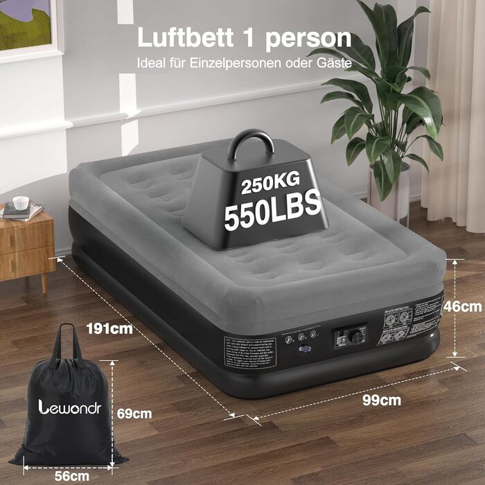 Надувне ліжко Lewondr для 2 осіб з вбудованим насосом, комфортна надувна матрац, самонадувна, для кемпінгу, дому, гостей, подорожей (300 кг MAX), (191x99x46 см, сірий)