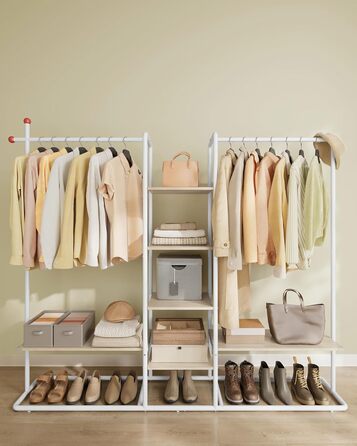 SONGMICS Стійка для одягу з відкритими полицями, 6 поличок, 2 перекладини, гачки, для спальні, приглушено-бежевий + матовий білий, RGR012K01