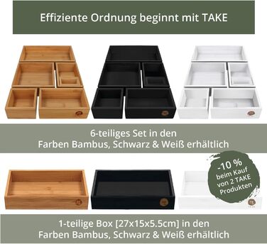 TAKE® 6-Piece Drawer Organizer Set made of 100% Natural Bamboo - Boxes in various sizes for Kitchen, Bathroom & Office, Vanity Organizer, Drawer Organizer