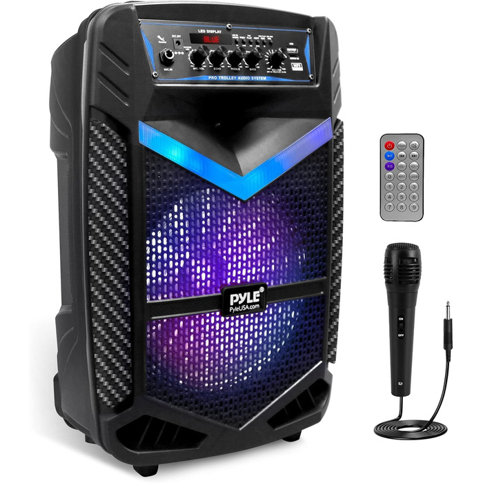 Pyle PA Bluetooth-колонки – караоке-машина з мікрофоном, 400W, 8” сабвуфер, підсвітка, USB/SD, радіо