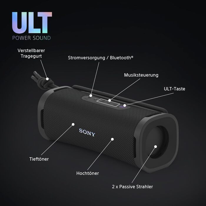 Sony ULT Field 1: Портативна Bluetooth колонка з глибоким басом, IP67 (водонепроникна, пилозахищена), 12 год роботи, чорний колір
