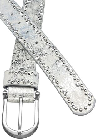 Жіночий ремінь Caspar GU292 сріблястого кольору з непомітним декором зі страз та заклепок, розмір 105-115 см