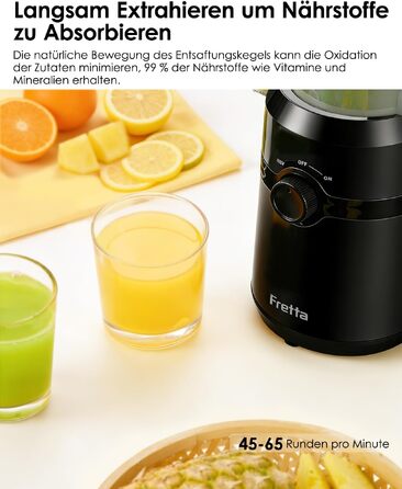Шнекова соковижималка Fretta Slow Juicer з широким завантажувальним отвором для цілих овочів та фруктів, BPA-free Tritan, 1 л, димчасто-чорна