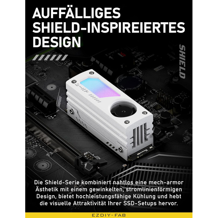 Охолоджувач SSD M.2 EZDIY-FAB Shield ARGB з 20мм вентилятором PWM, преміум-алюмінієвий дизайн, підтримка ARGB 5V 3-Pin, для M.2 2280, чорний, 1 шт.