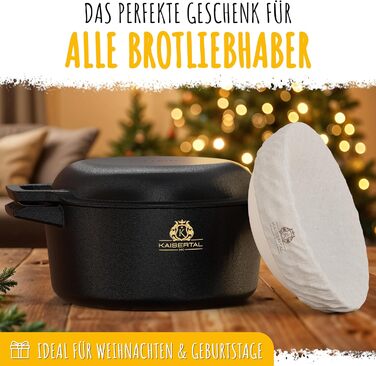 KAISERTAL 26cm Cast Iron Pot for Bread Baking + Proofing Basket - Seasoned Bread Baking Mold with Lid - Bread Pot for Baking - Bread Baking Pot, Bread Baking Set, Cast Iron Pot for Bread Baking, Bread Baking Accessories, Bread Form