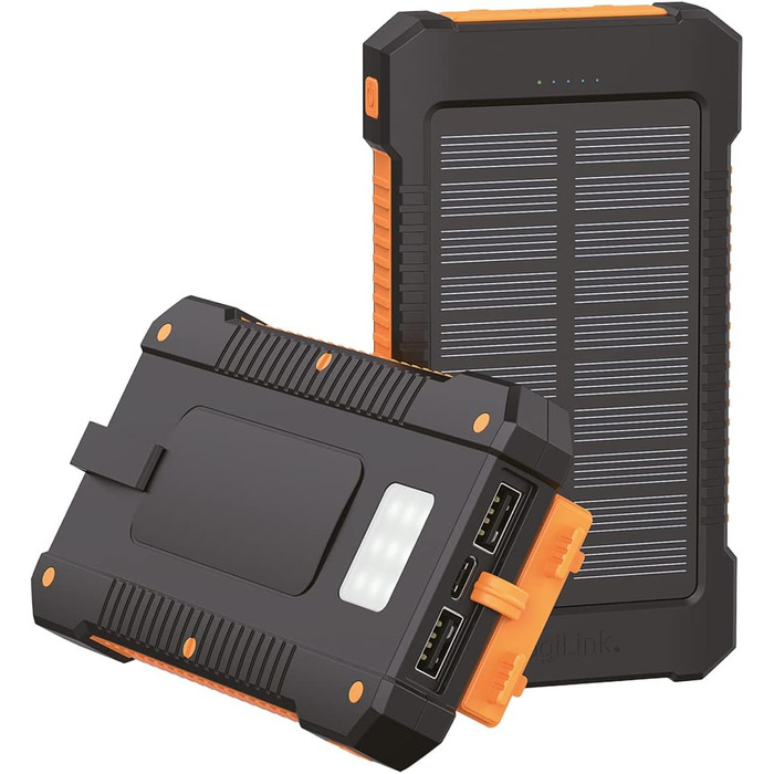 Портативний зарядний пристрій Solar Powerbank 8000 mAh з ліхтариком, чорно-помаранчевий, заряджає 2 пристрої (2x USB Type-A)