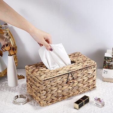 SUMNAKON Brown Rattan Tissue Box with Lid, Cosmetic Tissue Boxes, Napkin Storage Box for Bathroom, Living Room, Office, Restaurant, Crafts (Rectangle, Large)