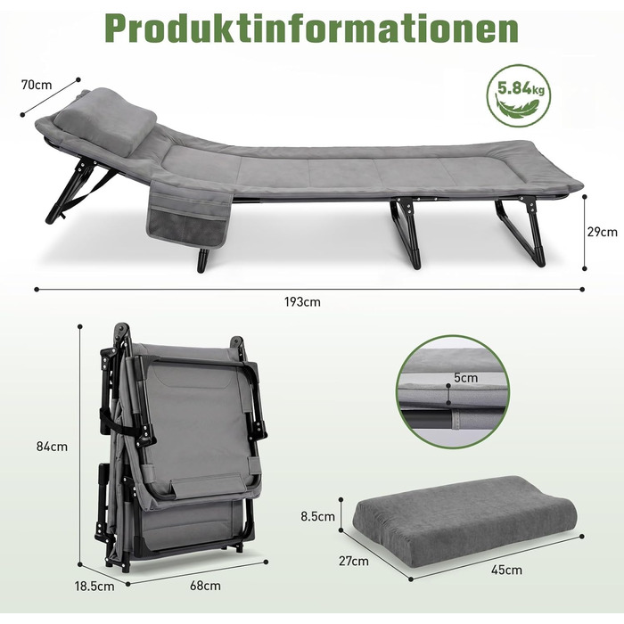 Ліжко туристичне розкладне Sekey XXL 190x71x35 см, сіре з подушкою - для кемпінгу, риболовлі, міцний сталевий каркас, Oxford тканина