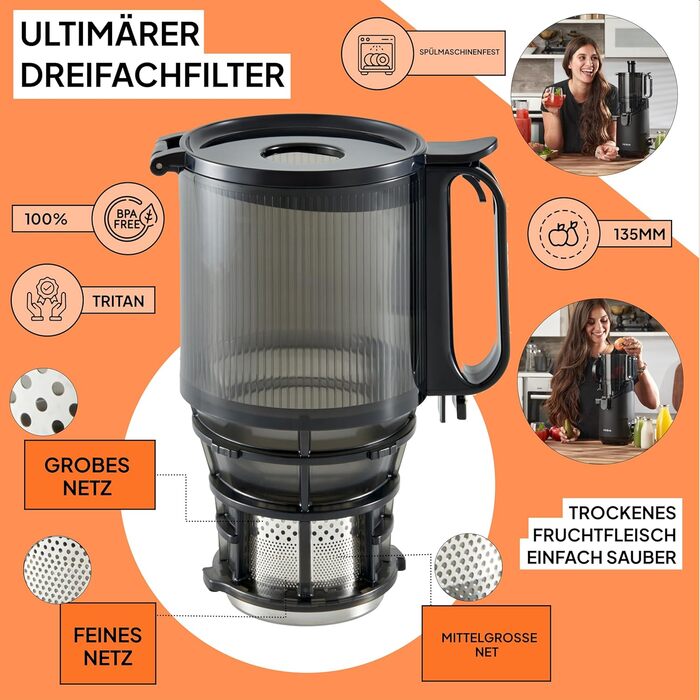 Powerful self-feeding whole fruit masticating juicer, 135 mm feeding chute, 250 W, cold-pressed juice, nut milk, masticating juicer Fridja F2500