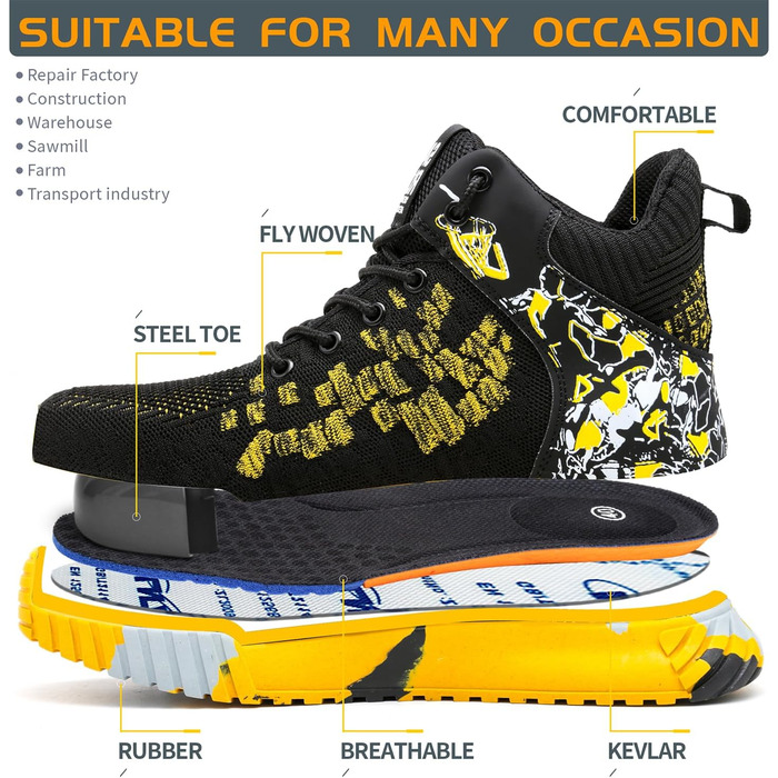 Черевики робочі чоловічі та жіночі, спортивні, з металевим носком, неслизькі, 37-46 EU, жовті