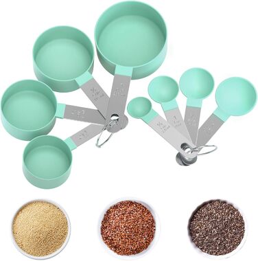 Набір мірних ложок та мірний стакан з нержавіючої сталі, 8 шт. - для рідин та твердих інгредієнтів, випічки, кулінарії (блакитно-зелений)