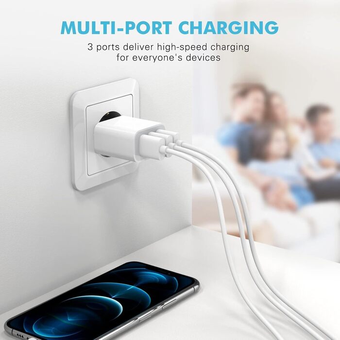 Мережевий адаптер Amoner з USB 3-портом, 15W x 2, для iPhone 14/13/12/11/X/8 та інших пристроїв