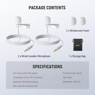NEEWER Мініатюрний USB-C Лавалерний Мікрофон 2 шт. для iPhone 16 15 Pro Max, Android, Телефонів, Планшетів, ПК. Однонаправлений конденсаторний мікрофон з кабелем 2м (CM5(2 шт. білий) з 3,5 мм TRS роз'ємом)
