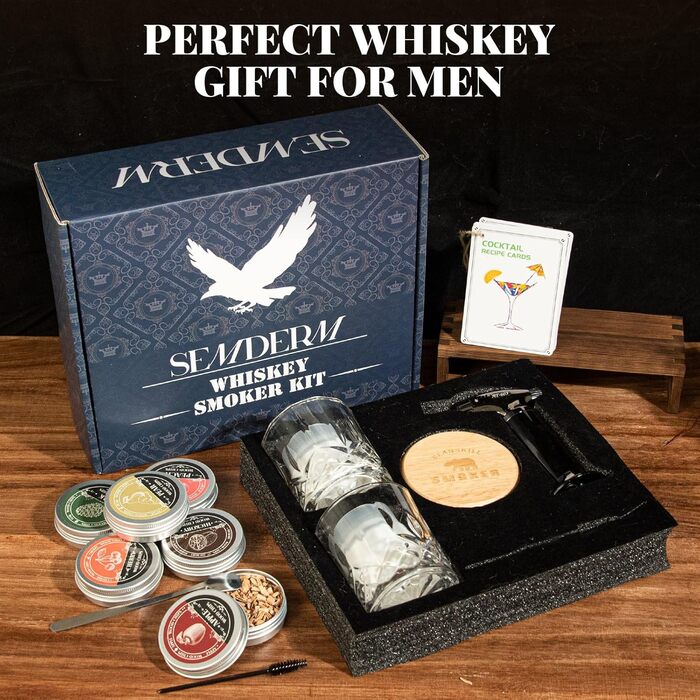 Набір для копчення віскі, ретро-дизайн, з ліхтариком, 6 смакових стружок, 2 склянки, 2 форми для кубиків льоду, набір для коктейлів, подарунок для чоловіків, батька, набір для копчення бурбону