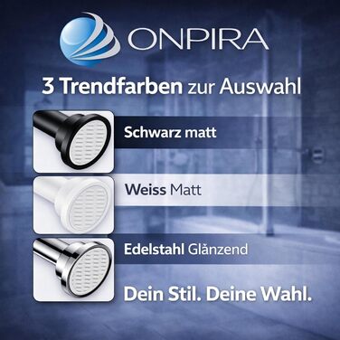 Дзеркальна штанга для душу Onpira® без свердління – нержавіюча штанга для штори для душу та гардини | 5 розмірів 40–230 см | 3 кольори: чорний, білий, нержавіюча сталь | Міцне кріплення до 12 кг, штанга 230 см