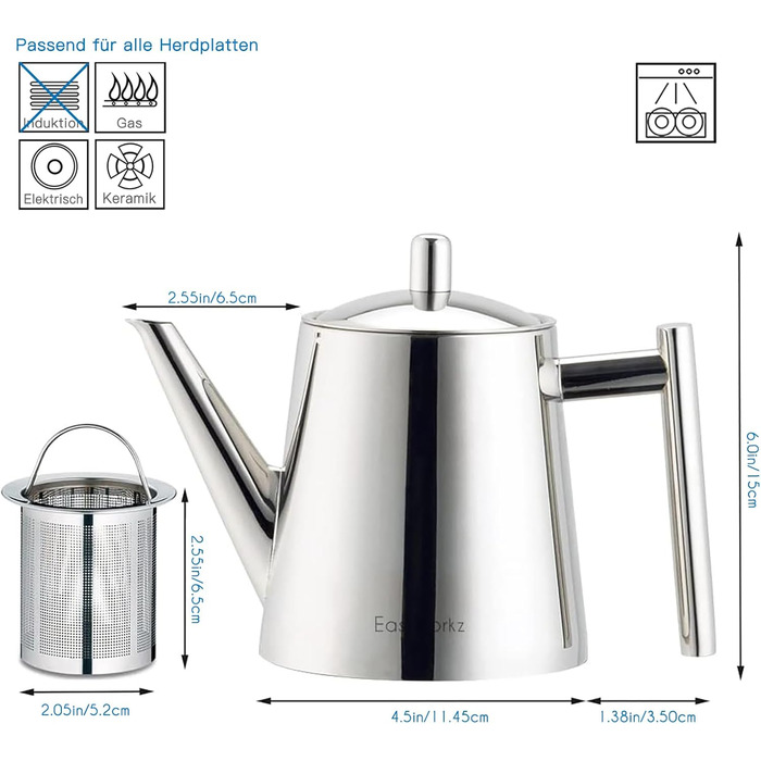Easyworkz Teapot with Infuser, Stainless Steel, Tea Maker for All Fruits, Herbs, and Infusion Tea (800ml)