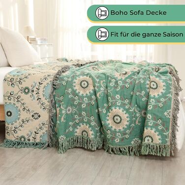 HOORDRY Reversible Boho Daybed Cover with Tassels, 230x250CM, 100% Cotton Woven Throw Blanket, Couch Throw, Living Room Throw, Reversible Throw, Cozy Blanket, Sofa Blanket, Armchair Blanket with Pattern, Sunflowers, Green/Beige Sunflower 230×250CM