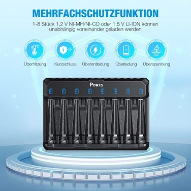 Зарядний пристрій POWXS для акумуляторів AA AAA (NIMH/NICD/Li-ion/Lithium) з LED-дисплеєм та USB-C, 8 слотів, швидка зарядка
