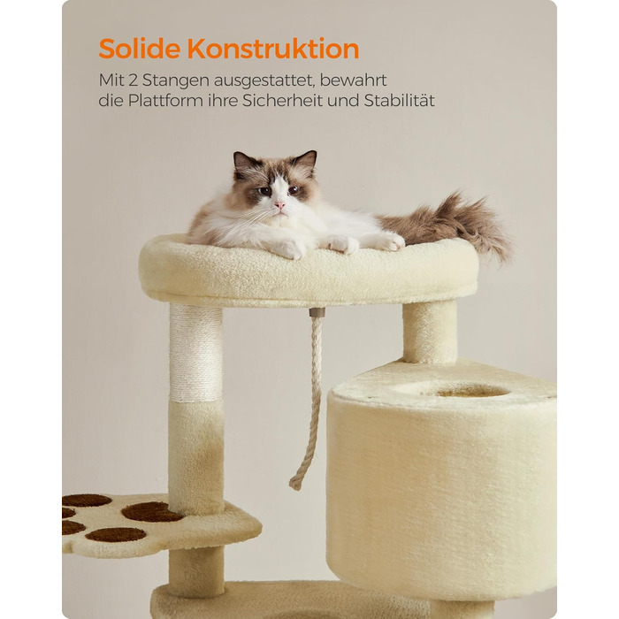 Дряпка для котів Feandrea Kratzbaum, котячий будиночок з дряпальною колоною, платформами, м'яким плюшем, 115 см, повністю обмотана сизалем, PCT141W01 (Бежевий, 49 x 49 x 95 см)
