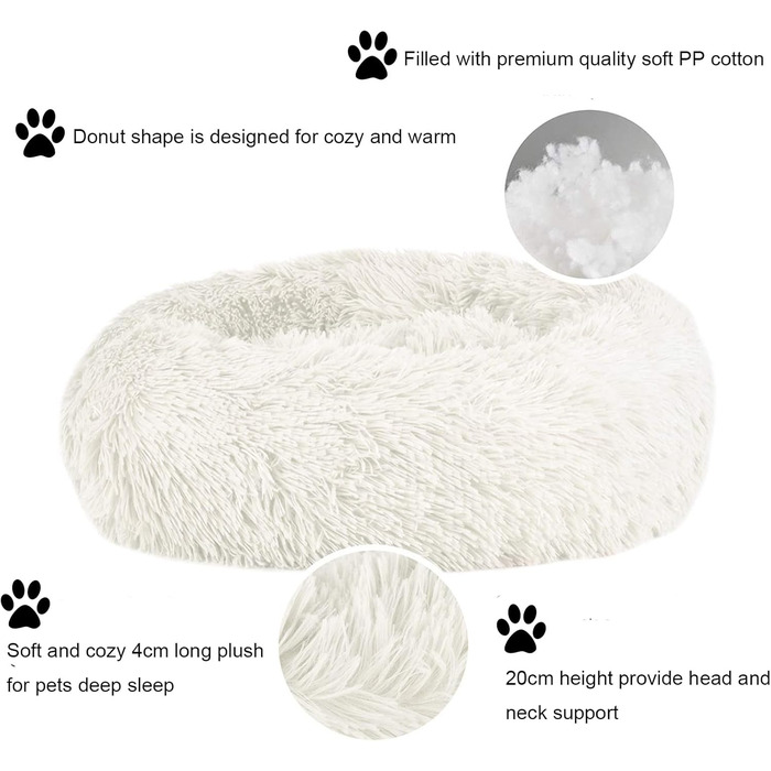 М'яке кругле ліжко для котів та собак, 70см, біле. Ліжко-пончик для домашніх тварин, легко миється. Підходить для котів та собак середніх розмірів.