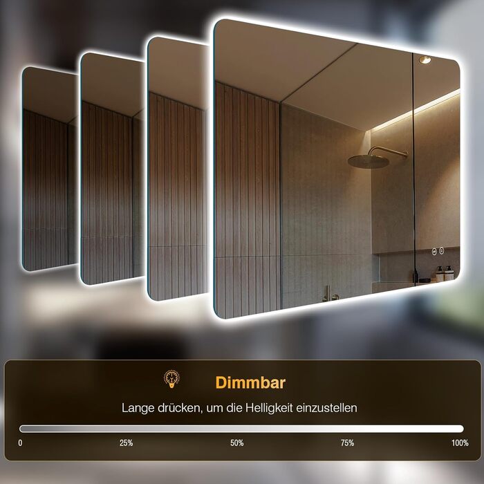 Дзеркало для ванної кімнати з підсвічуванням 50x70 см, LED, проти запотівання, 3 кольори світла, регулювання яскравості, прямокутна форма, сенсорне управління, функція пам'яті, монтаж горизонтально/вертикально (без рами, 3 кольори світла, регулювання яскр