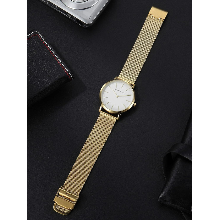 Годинник жіночий Hannah Martin, кварцовий, аналоговий, з нержавіючої сталі, водонепроникний, ультратонкий, сітка, білий корпус, золотий браслет