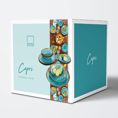 SÄNGER | Capri Dinnerware Set, 12-Piece, Plate Set for 4 People, Stoneware Dinnerware including Dinner Plates, Dessert Plates & Deep Plates, Turquoise Blue Tableware Set with Grey Rim | PREMIUM COLLECTION 12-Piece Dinnerware Set