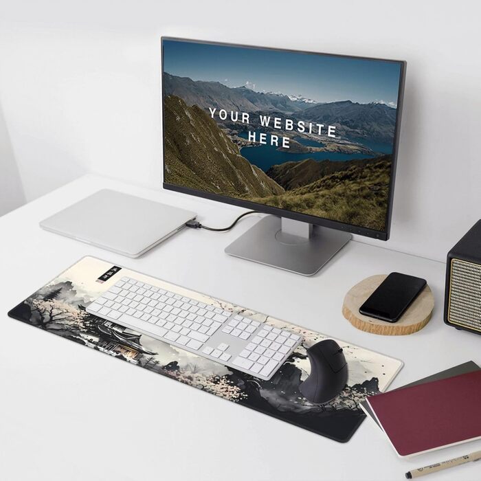 Килимок для миші для геймінгу, чорний, з принтом Канагава, великий, 80 x 30 см, нековзна гумова основа, водонепроникний, з прошитими краями, для геймінгу, офісу, дому