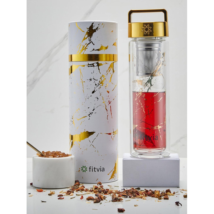 Термопляшка Fitvia 380 мл з подвійними стінками, мармуровий дизайн, сито для чаю, зручна ручка (Золотий мармур)