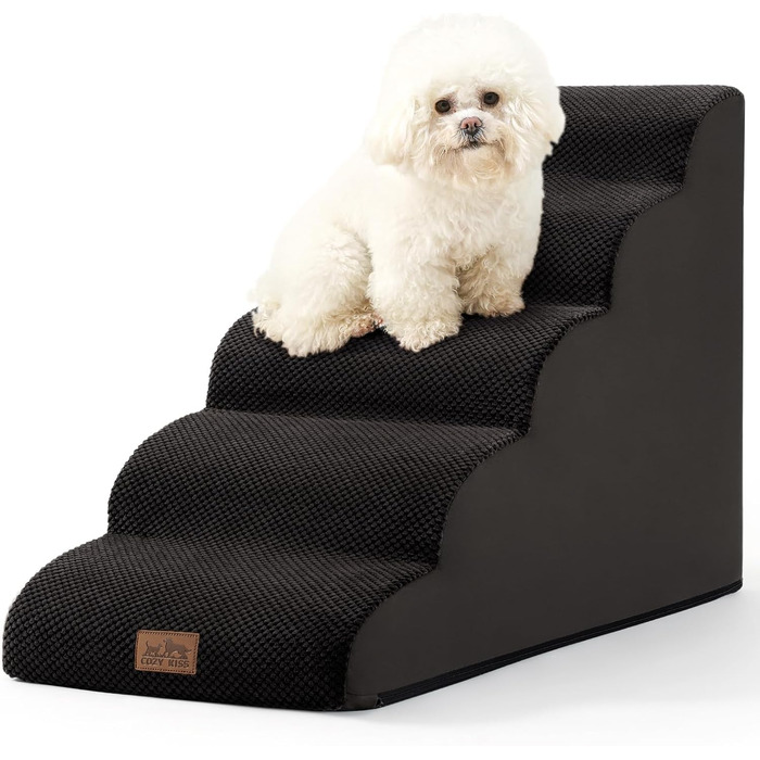 Сходинки для собак маленьких порід, сходи для домашніх тварин на диван з високощільним губкою, сходи для собак з миючим покриттям та неслизьким дном (3), чорний колір, 5 сходинок (40x84x57 см)