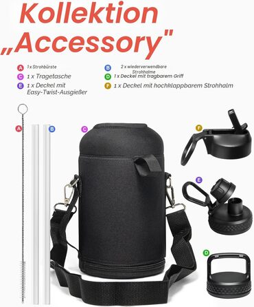 Термопляшка Coolflask 2л з соломинкою та 3 кришками, нержавіюча сталь, для спорту та офісу, Indigo Schwarz