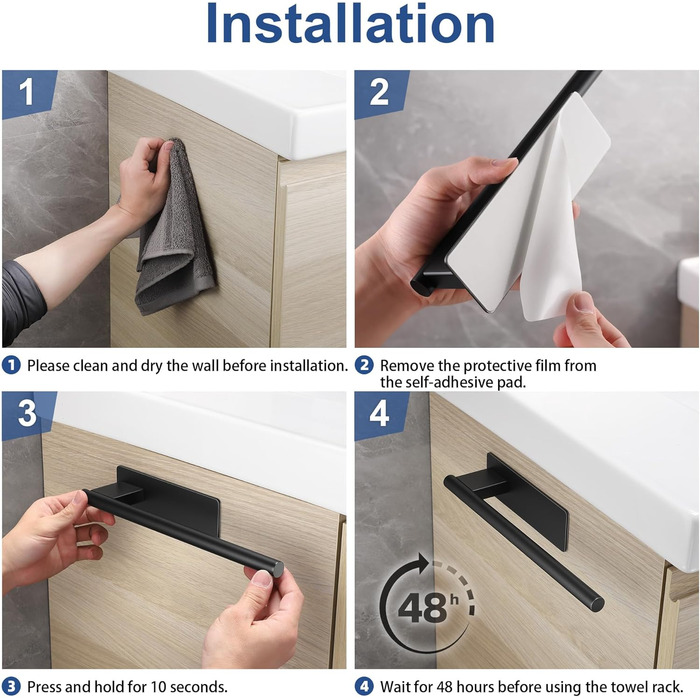 Тримач для рушників на клейкій основі без свердління, 28 см, нержавіюча сталь, срібляний (чорний, одноручний)