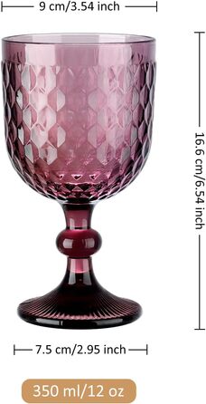 Joeyan 350ml Violet Vintage Wine Glasses with Diamond Embossed Design, Colorful Goblet Glasses Wine Goblet Set for Wine Juice Drinks, Set of 4 Retro Glasses with Stem, Dishwasher Safe