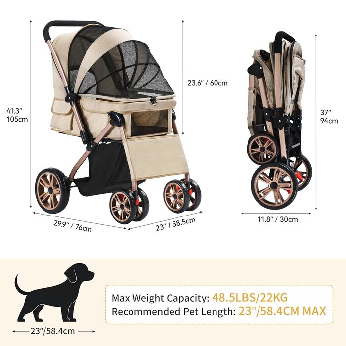 Візок для собак DWVO 3 в 1: переноска, сумка, візок. До 22 кг, EVA-колеса, сітчасті вікна, кошик для речей. 58.5x76x105 см