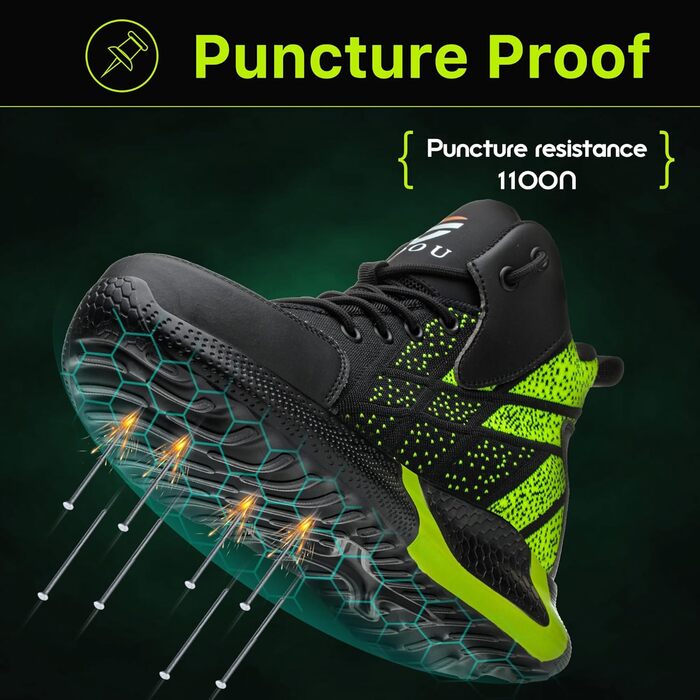 Зручні та безпечні робочі черевики для чоловіків та жінок. Дихаючі, з металевим носком, антиковзаюча підошва, спортивний дизайн, розміри 37-46 EU, колір зелений.