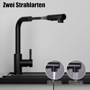 Кухонний змішувач SEMANEY з висувною лійкою, чорний, з донним клапаном, 360° обертання, 2 режими, для кухні