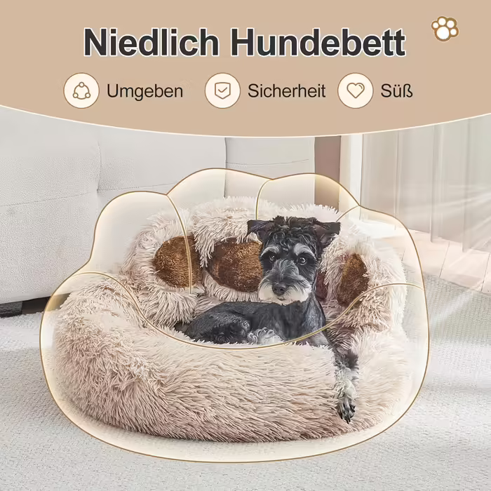 Jiupety Pet Round Dog Bed in Paw Shape, Soothing Donut Dog Bed, Faux Fur Cat Bed, Medium Size. The diameter is 56cm, comfortable and soft, machine washable (L 66 cm x W 66 cm x H 20 cm, Camel)