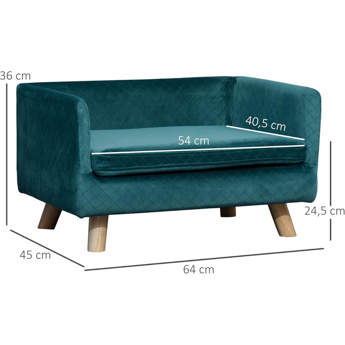 PawHut Софа для собак, скандинавський дизайн, м'яке подушка, дерев'яні ніжки, 64 x 45 x 36 см, велюр, блакитний колір