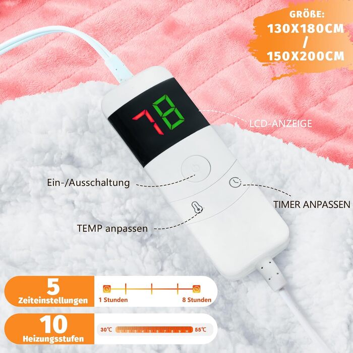 Електрична ковдра BOMOVA з автовимкненням, тепла та м'яка ковдра для дому, 10 режимів нагріву та таймер, подарунок для жінок, рожева, 130x180 см