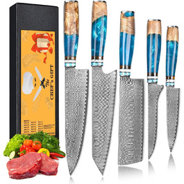 Набір професійних кухонних ножів oFuun Damast: Guyto, Nakiri, Kiritsuke, Ausbeinmesser, Allzweckmesser (20 см, 67 шарів)