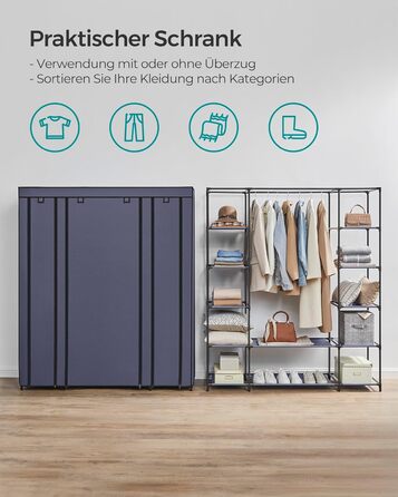 SONGMICS Clothes Closet, Fabric Closet, with Clothes Rod and Shelves, Fabric Cover, for Bedroom, Dressing Room, 150 x 45 x 175 cm, LSF03H (Navy Blue)