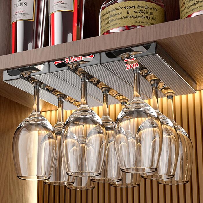 Підвісні тримачі для келихів вина Geoyien (4 шт.), без свердління, міцна конструкція, економія місця (колір: коричневий, розмір: 25,8*11*2,4 см)