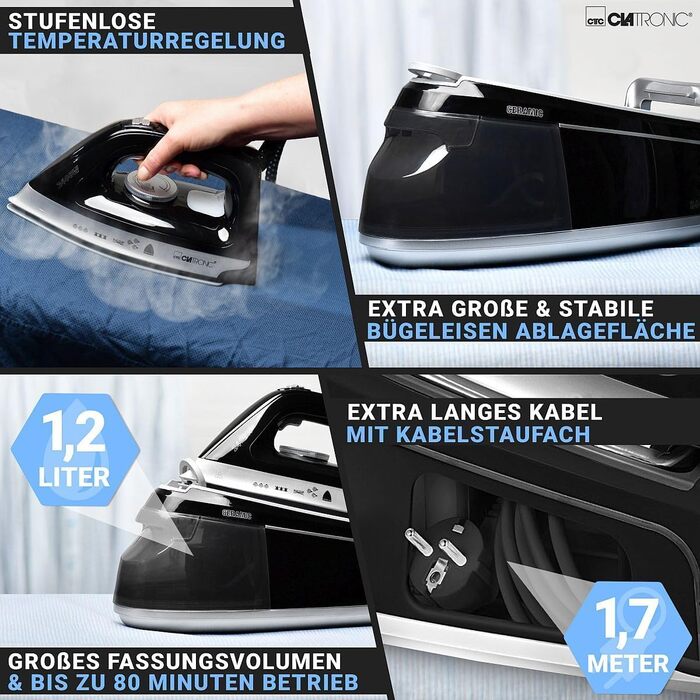 Праска-парогенератор Clatronic DBS 3749 чорна | 3,5 бар, 1,2 л, 2400 Вт | Анти-крапельна система, Superglide-підошва